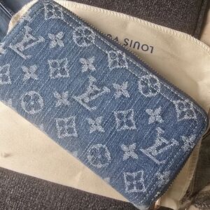 Denim Alongated Multi Compartment Blue/White Monogram Branded Logo Wallet